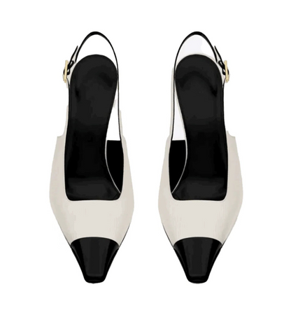 White high-heeled shoes with black toes and heels on a white background