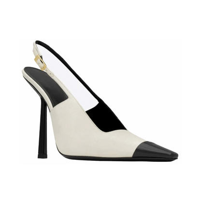 Black and white high-heeled shoe on a white background