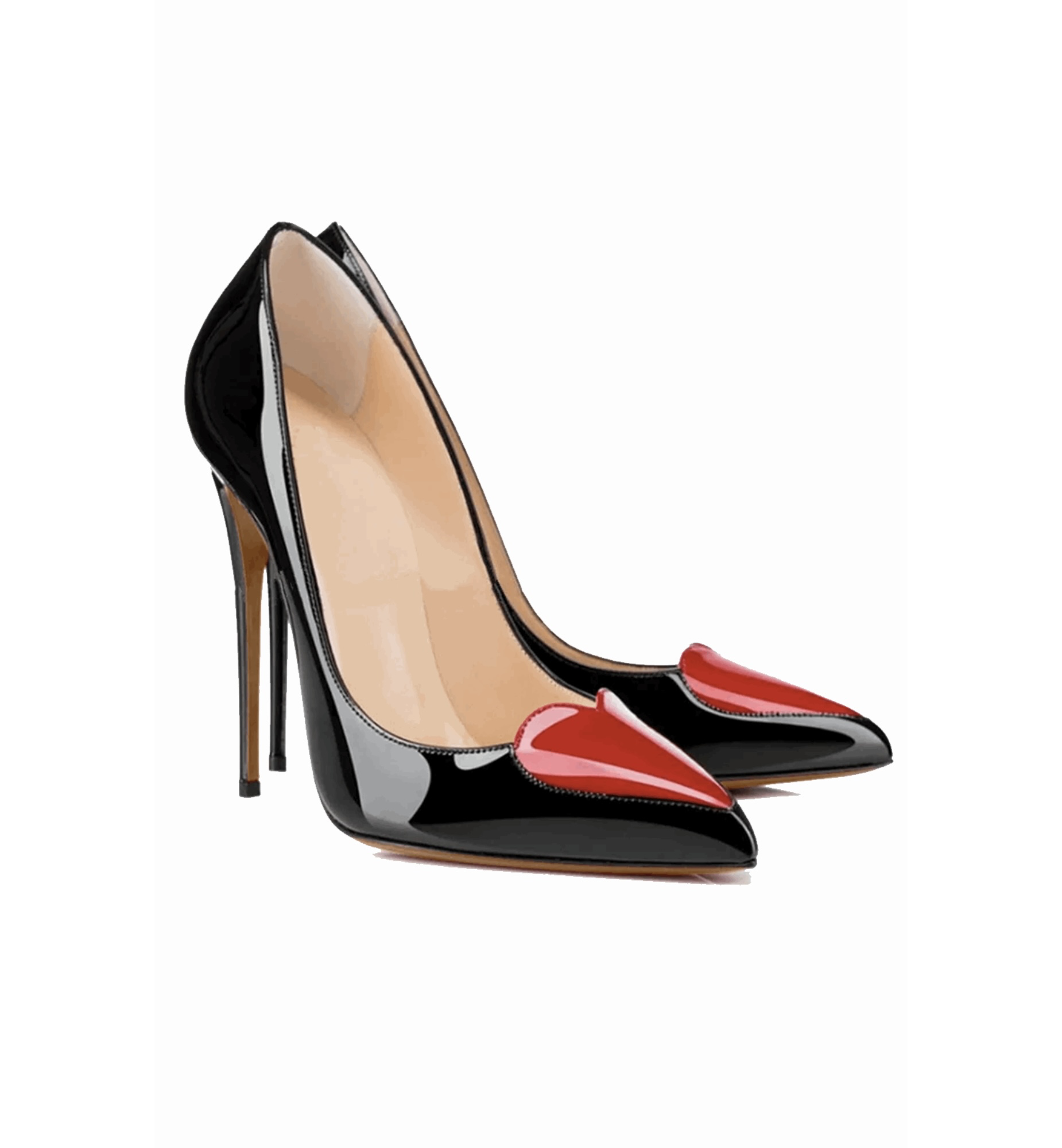 Black high-heeled shoes with red soles on a white background
