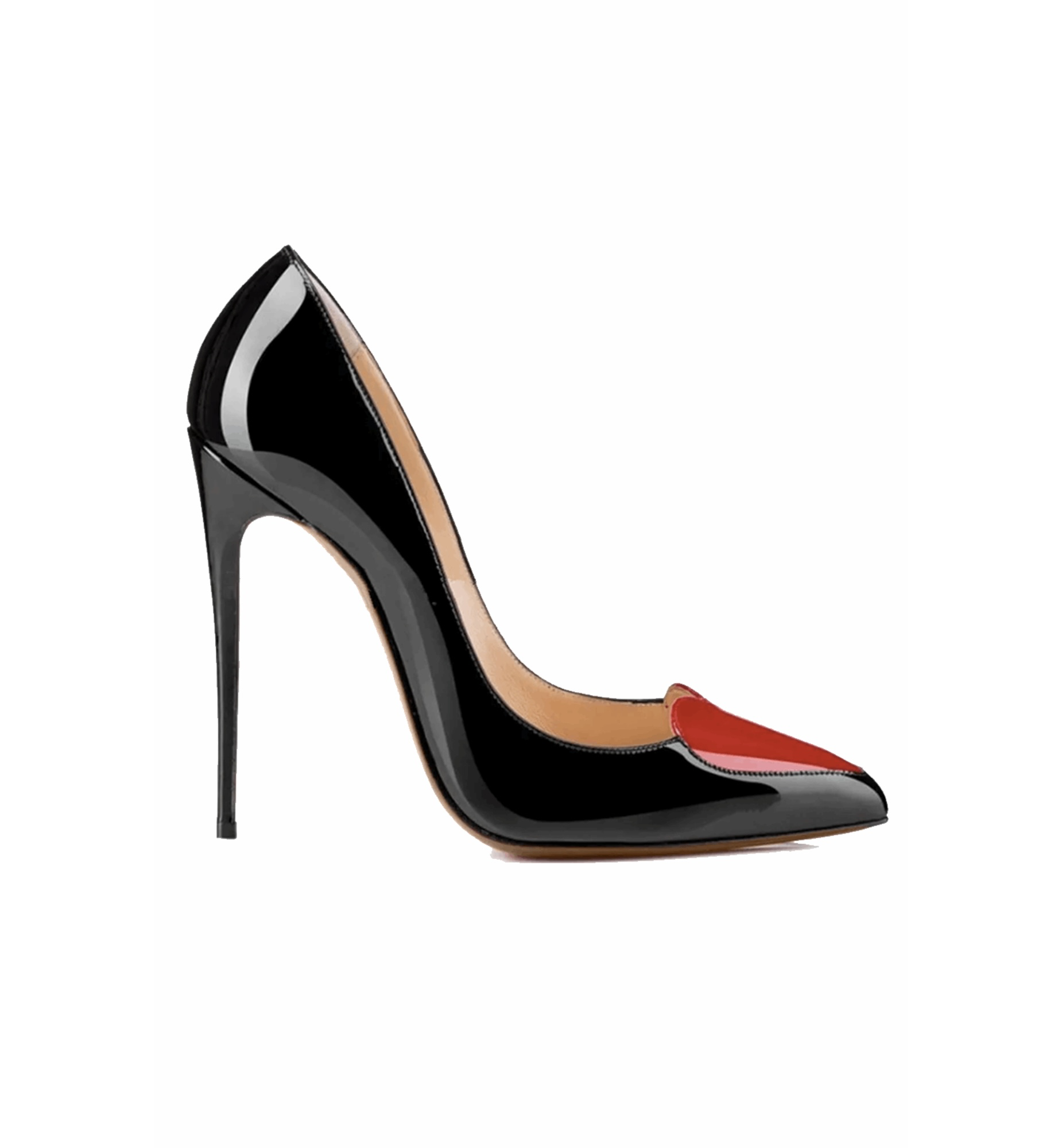 Black high-heeled shoe with red accent on a white background