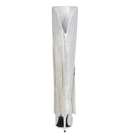 Silver high-heeled shoe with a unique design on a white background