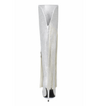 Silver high-heeled boot with fringe on a white background
