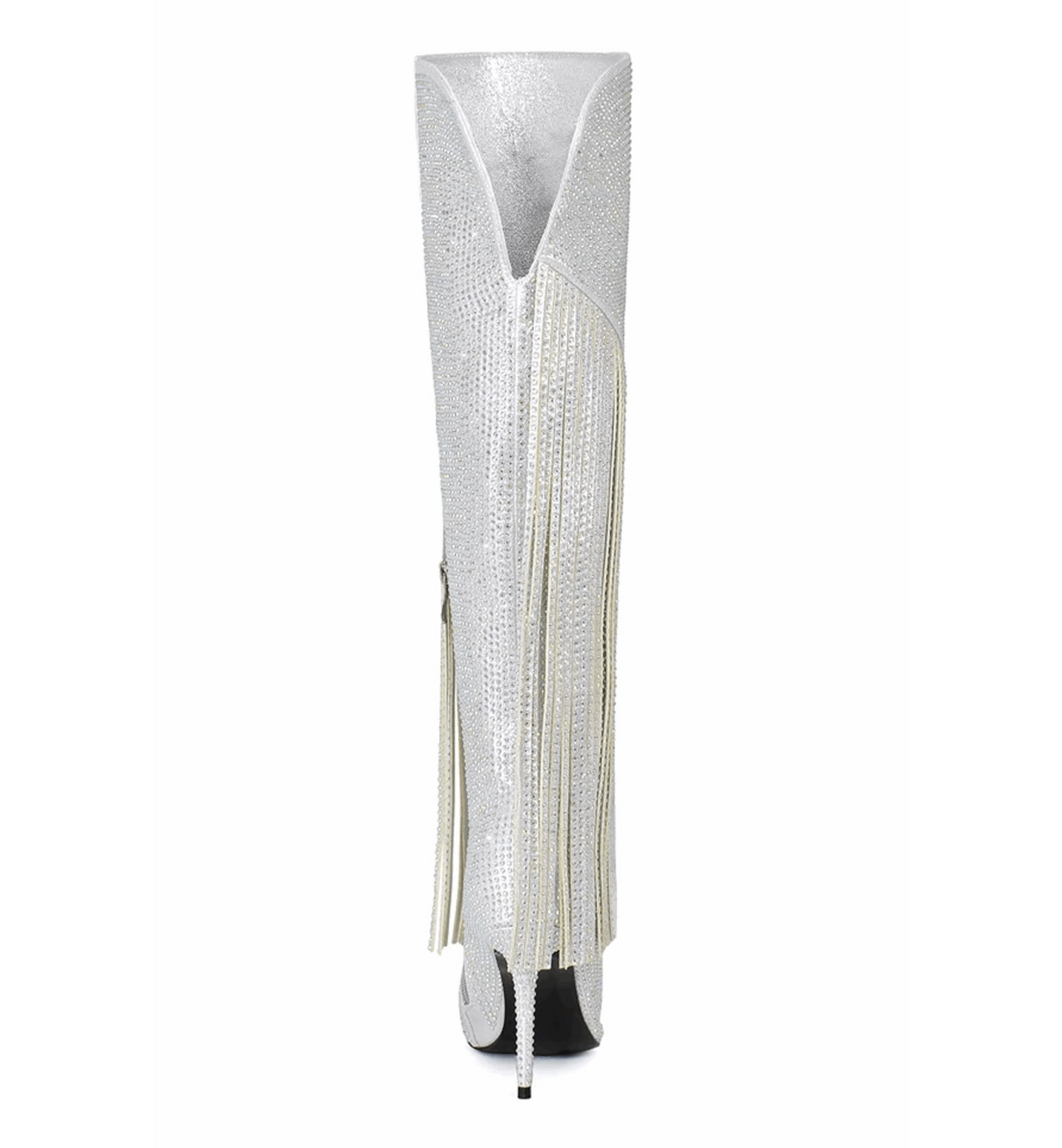 Silver high-heeled boot with fringe on a white background