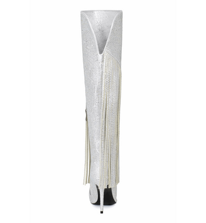 Silver high-heeled boot with fringe on a white background