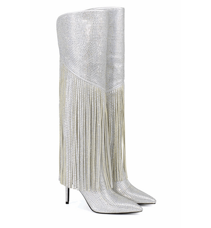 Silver stiletto boots with fringe design on a white background