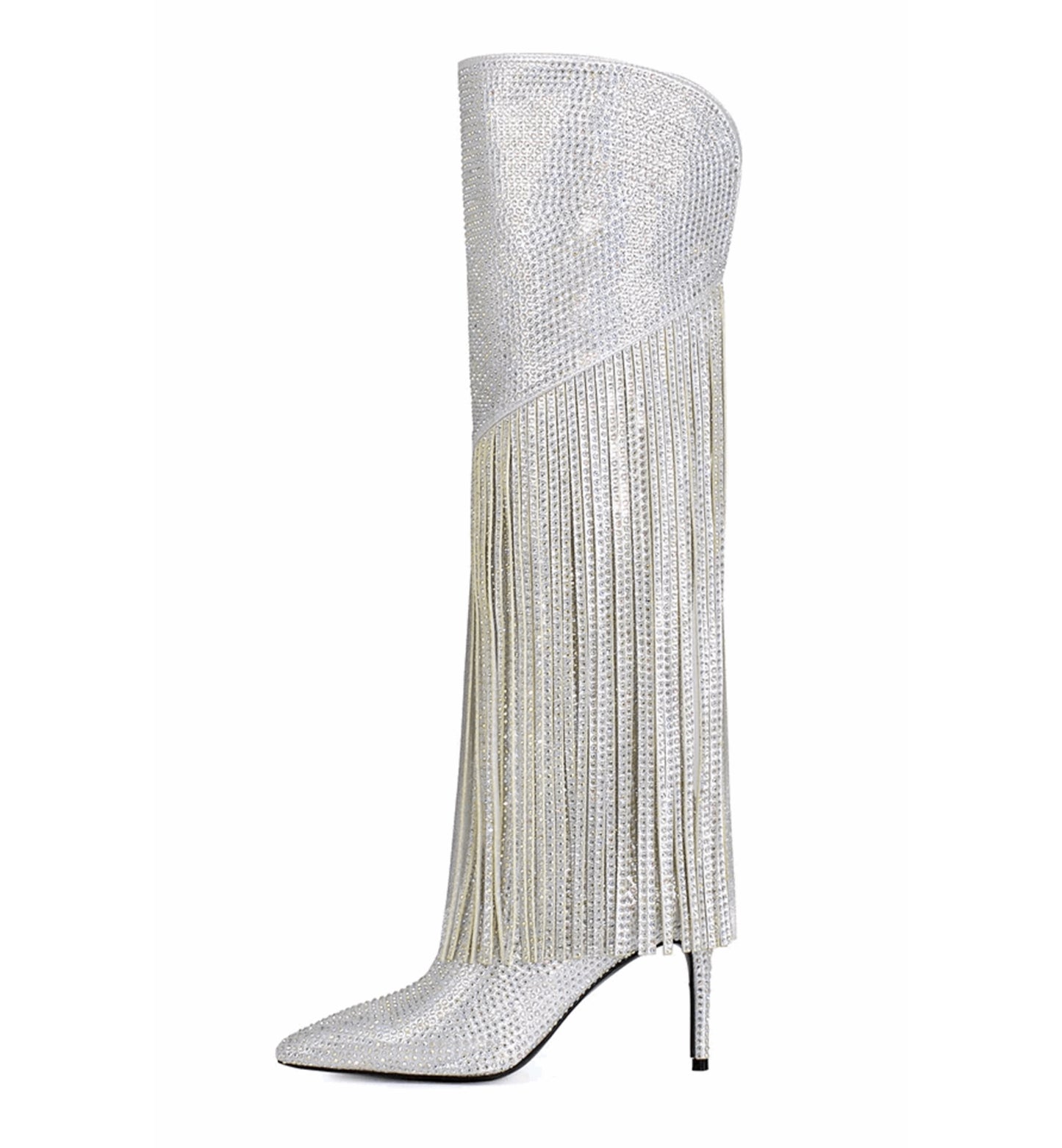 Silver stiletto heel boot with fringe design on a white background