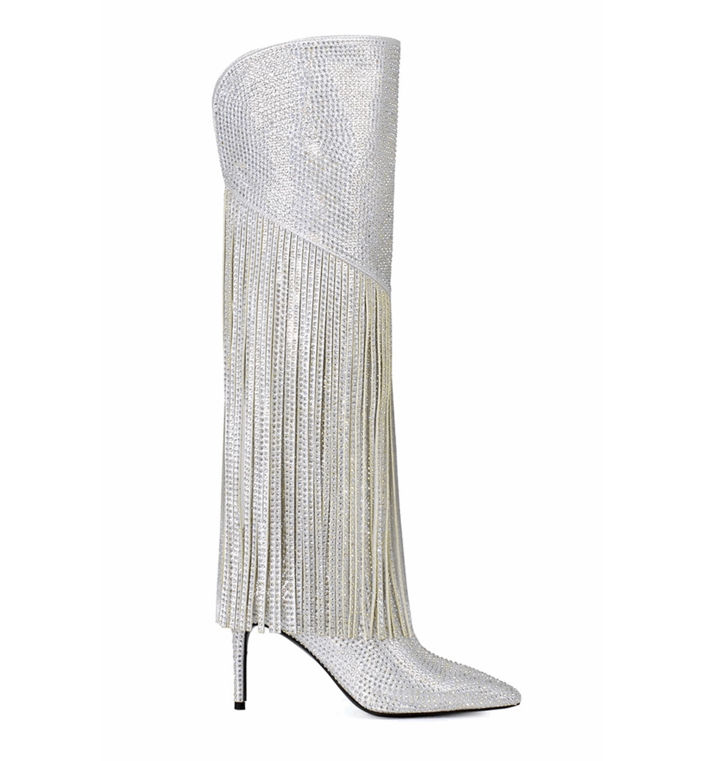 Silver knee-high boot with fringe details on a white background