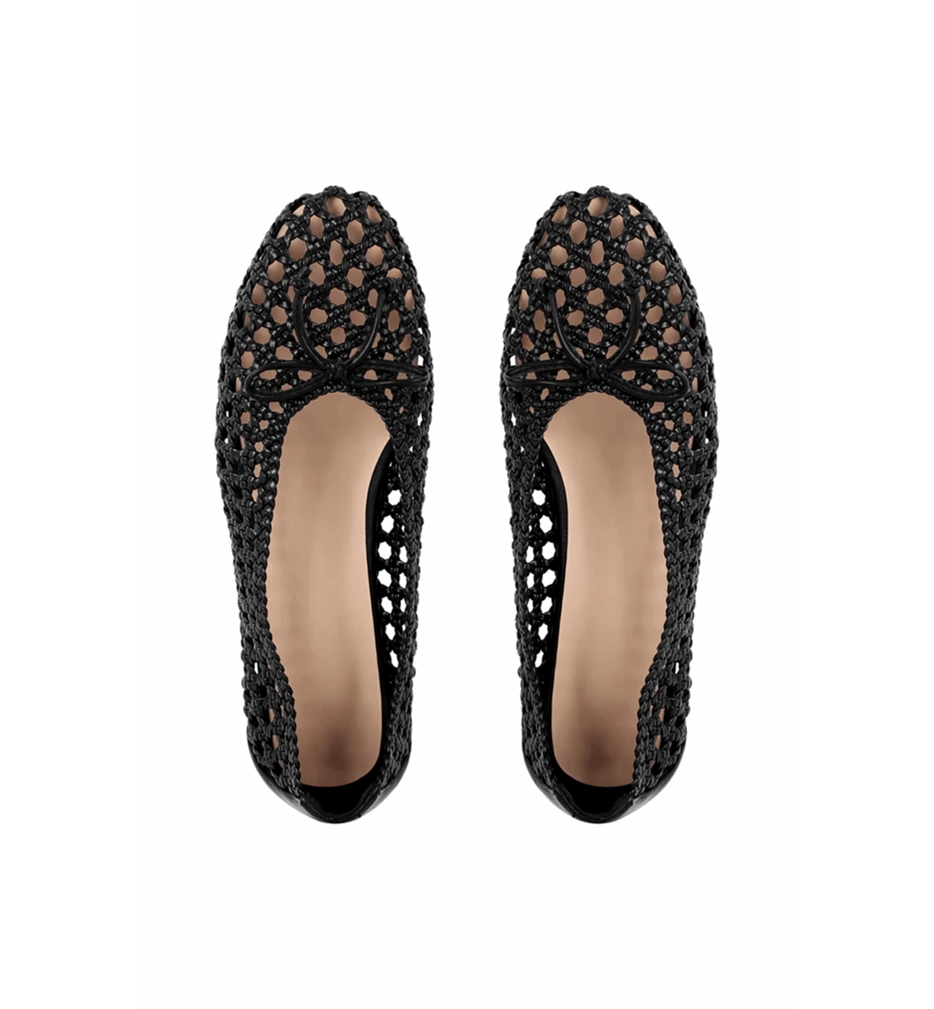Black crochet flat shoes on a white background