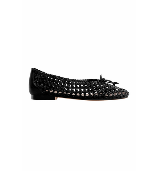 Black woven ballerina shoe with a bow on a white background