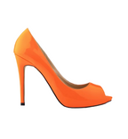 Orange high-heeled shoe with a peep-toe design on a white background