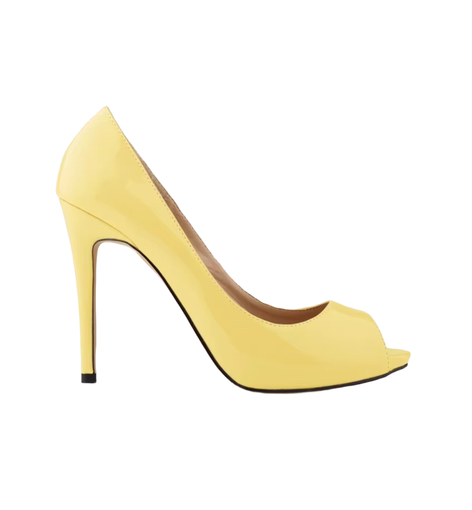 Yellow high-heeled shoe with open toe on a white background