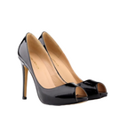 Black high-heeled shoes with peep-toe design on a white background