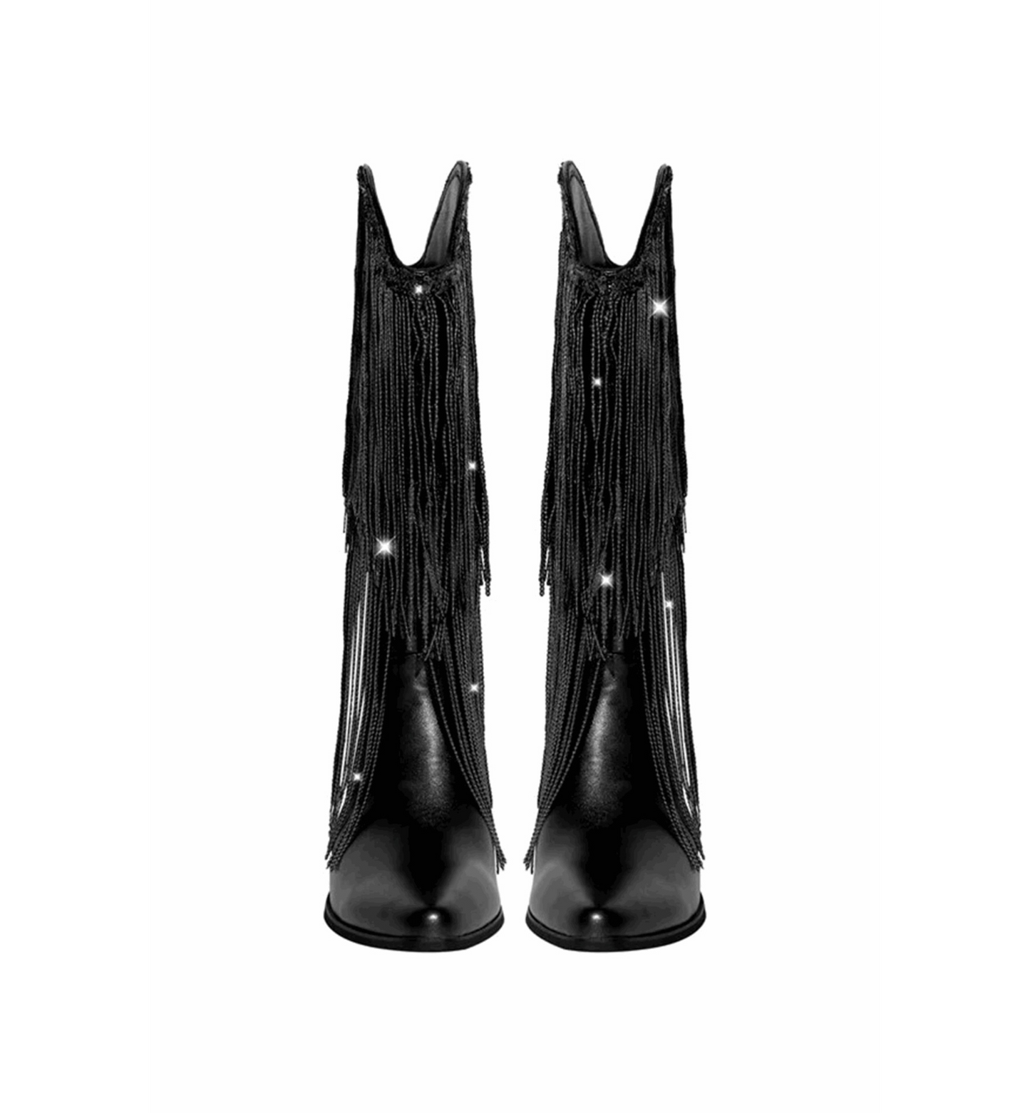 Black fringe boots on a white background