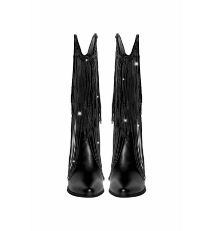 Black fringe boots on a white background