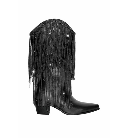 Black fringe boot with rhinestone embellishments on a white background