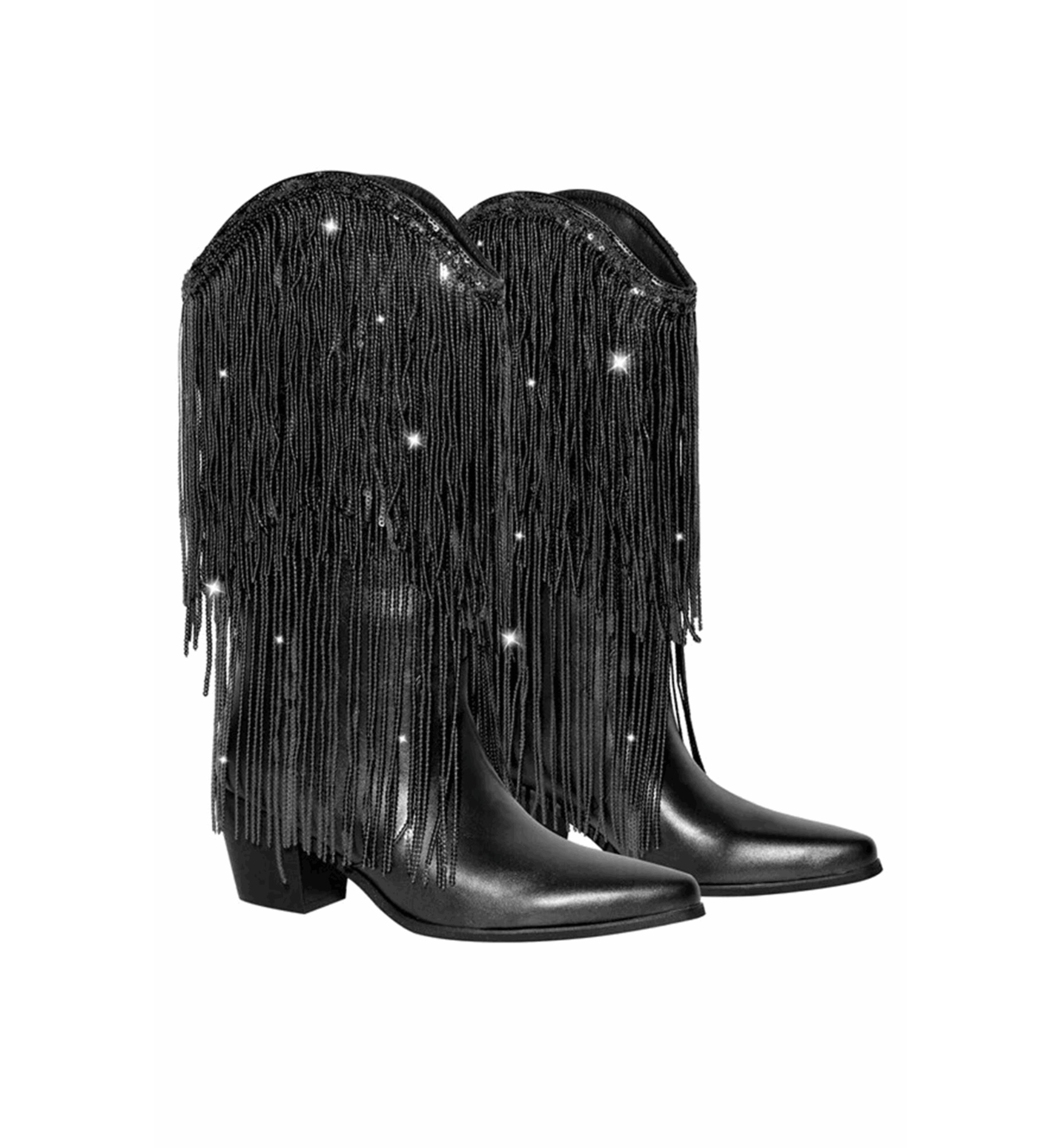 Black fringe boots with embedded lights on a white background
