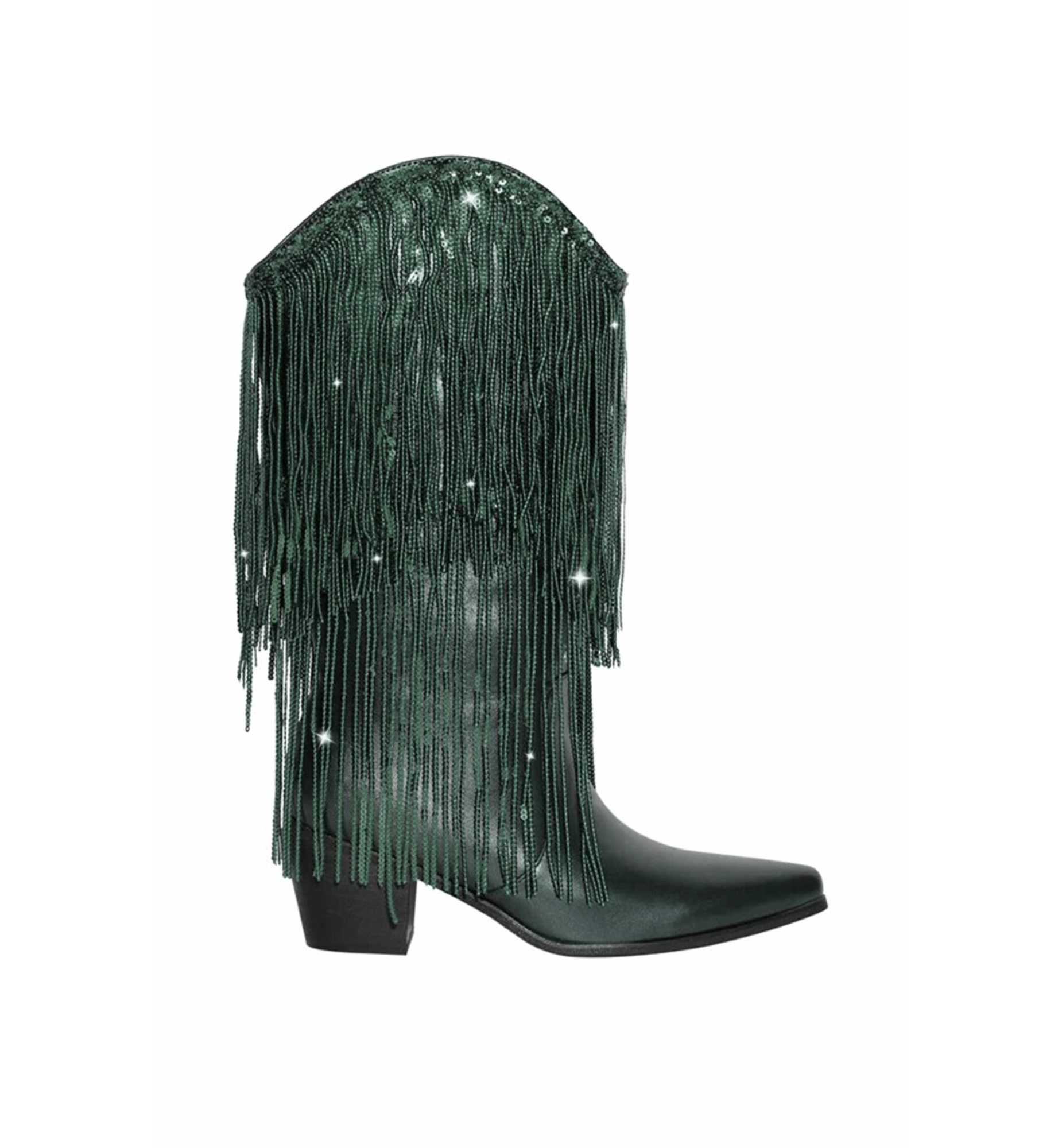 Green fringe boot with rhinestone details on a white background