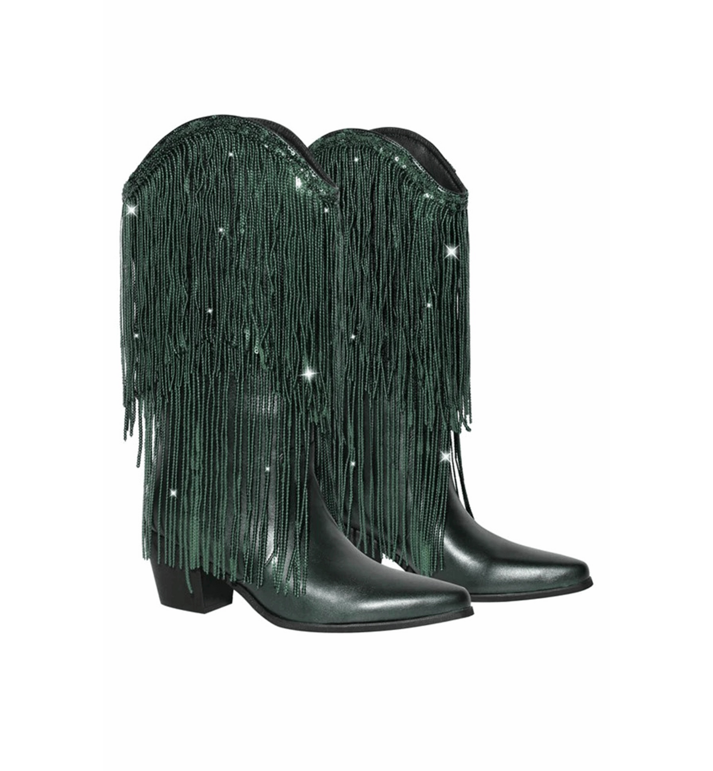 Green fringe boots with rhinestones on a white background