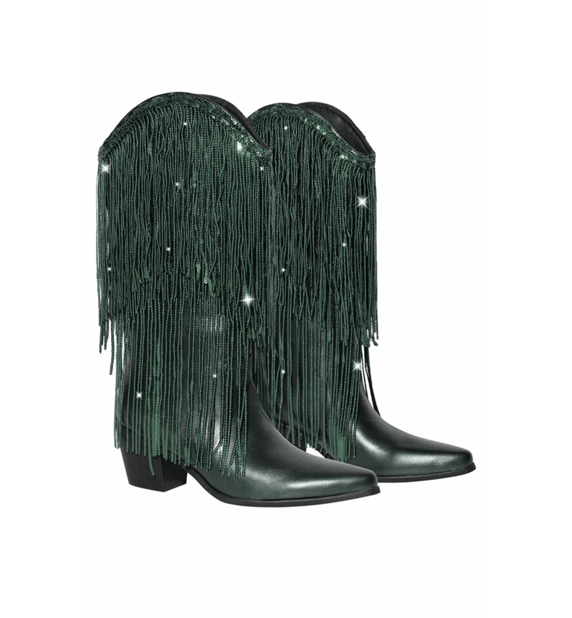 Green fringe boots with rhinestones on a white background
