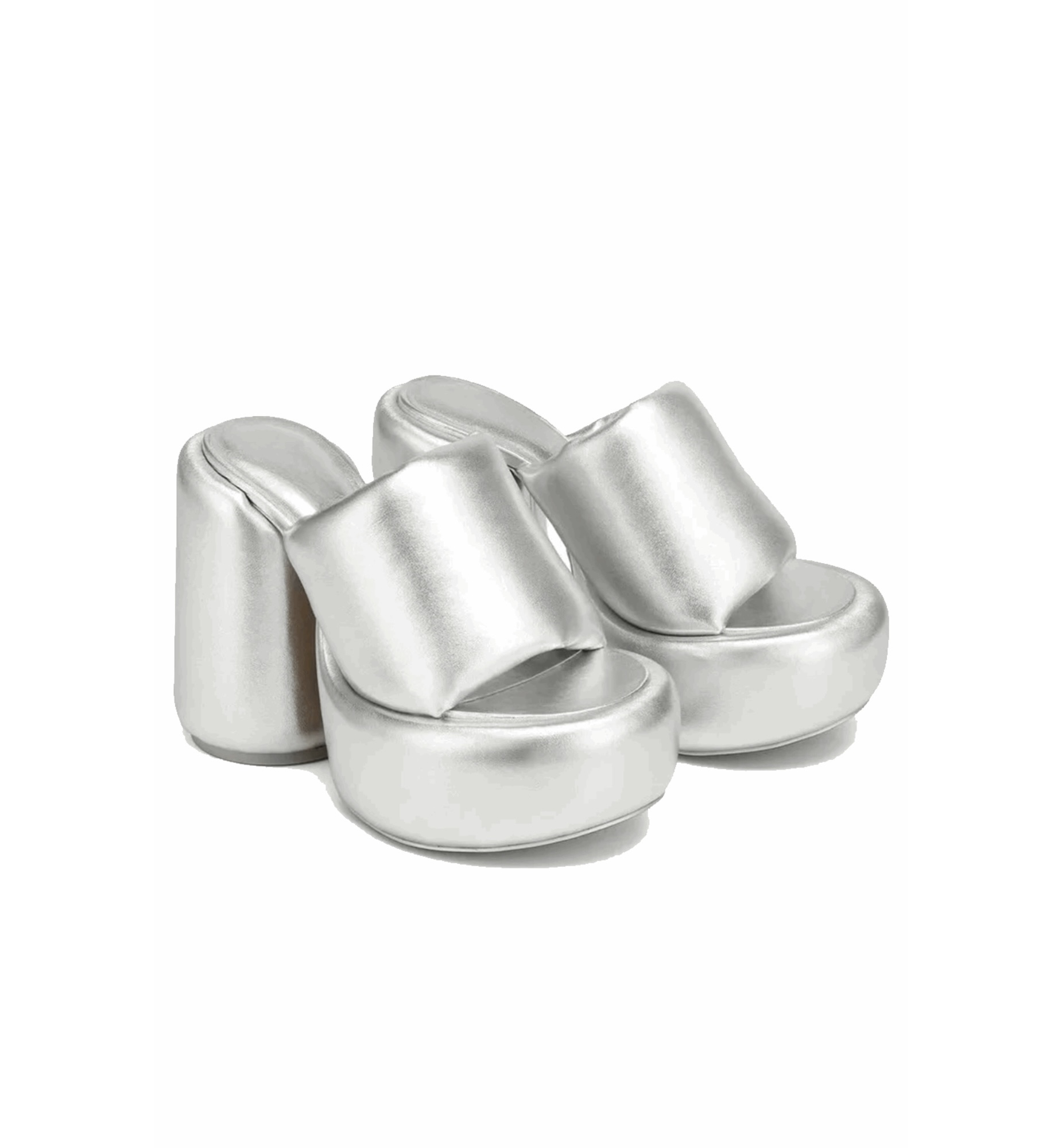 Silver high-heeled sandals on a white background