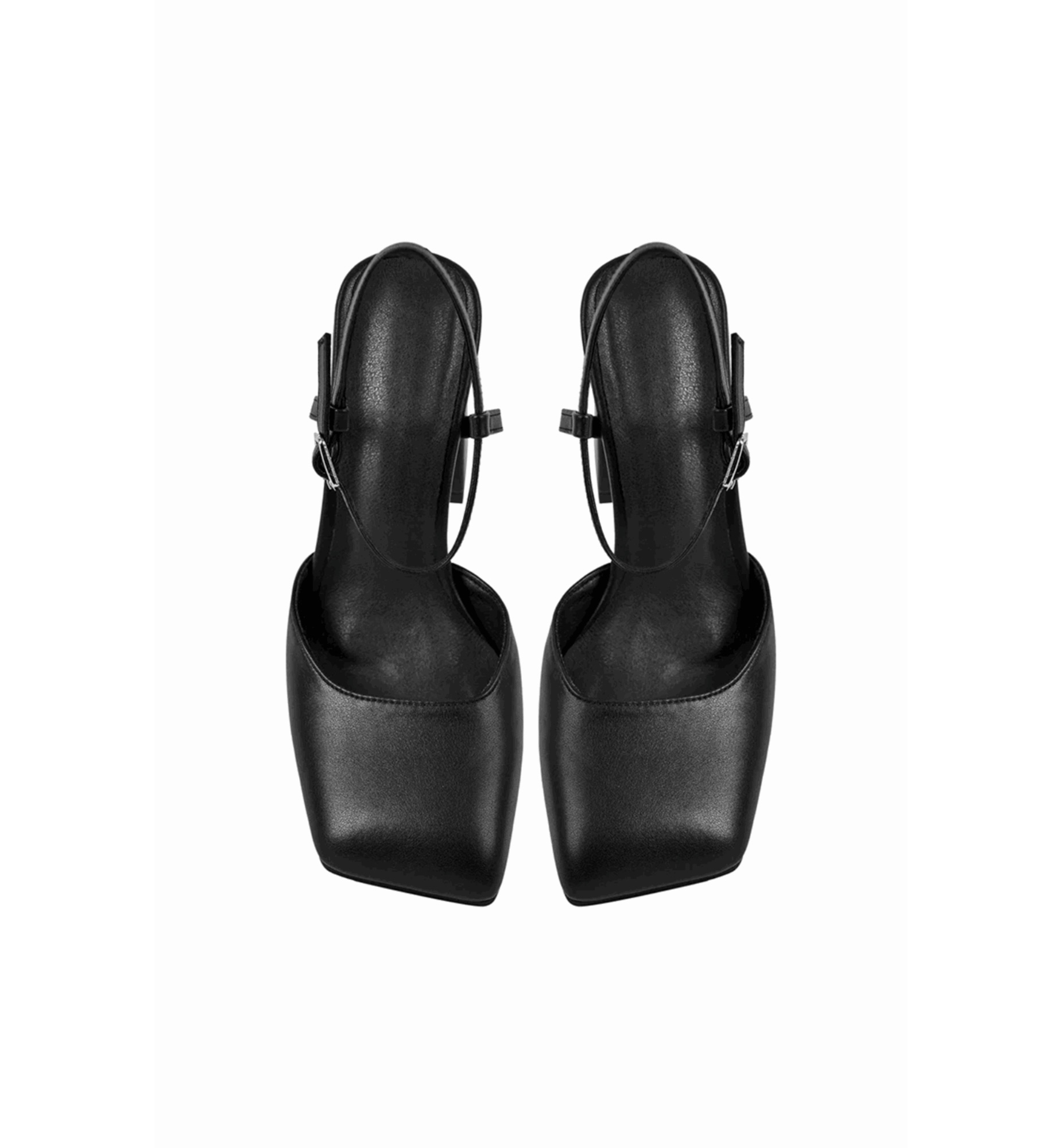 Pair of black high-heeled shoes on a white background