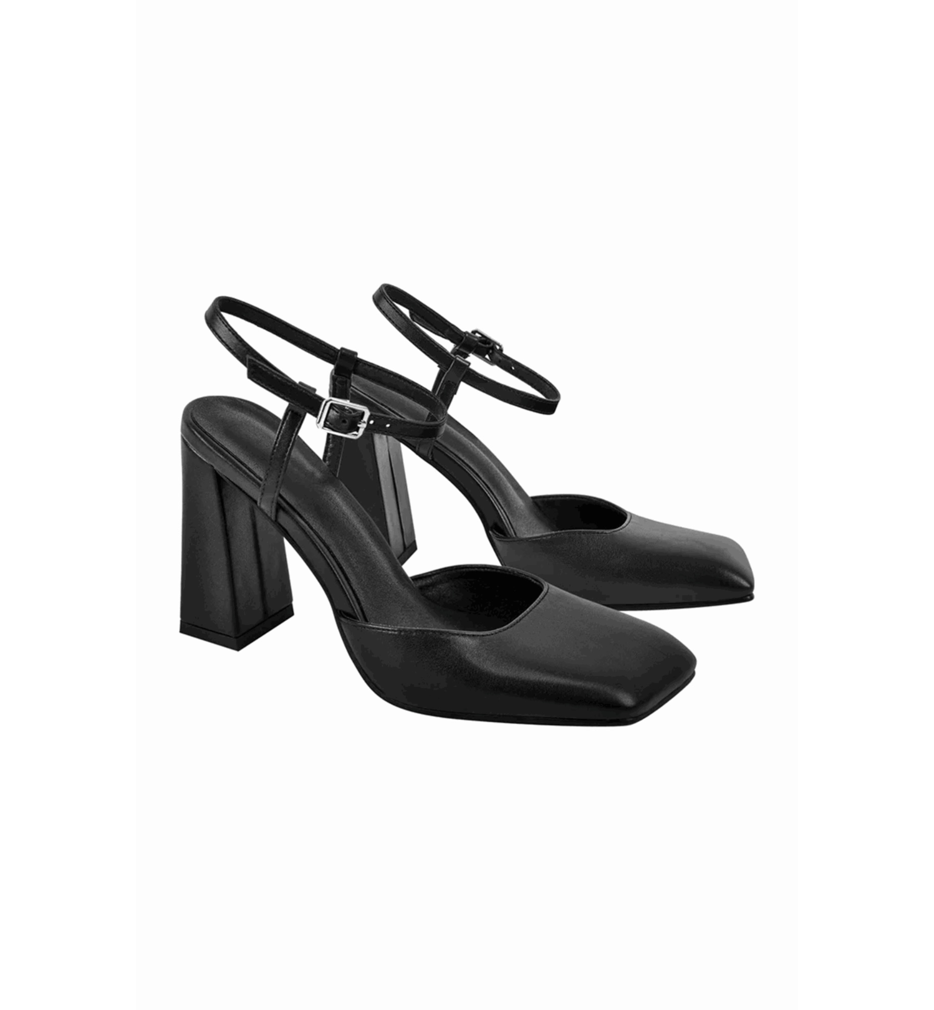 Black high-heeled shoes with slingback straps on a white background