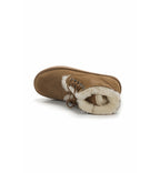 Brown suede boot with white fur lining on a white background