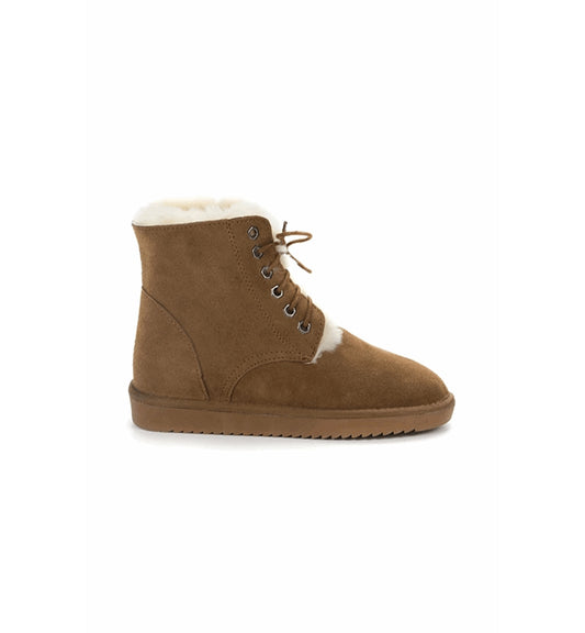 Brown suede boot with white fur lining on a white background