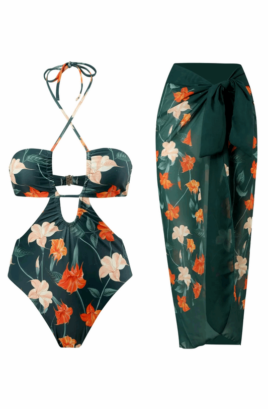 Floral green one piece swimsuit with matching skirt