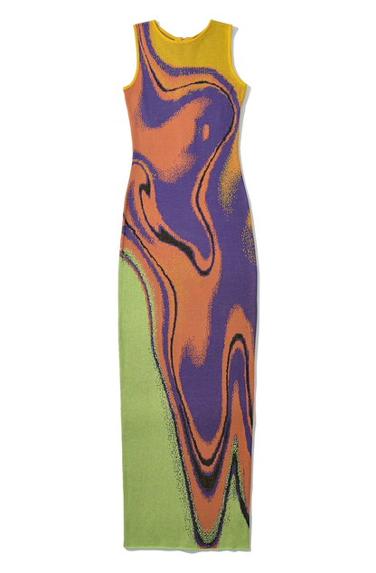 Abstract wave striped jacquard knitted sleeveless dress