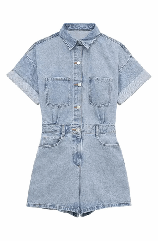 Short-sleeved button-down denim romper