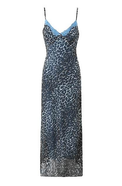 Lace patchwork blue leopard maxi dress
