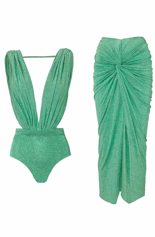 Green sparkly one piece swimsuit with matching cover up skirt