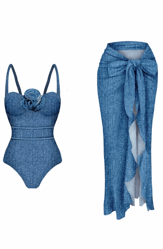 Denim one piece swimsuit with matching long skirt cover up