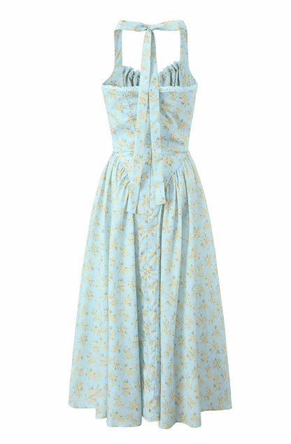 Flower print bow tie halter maxi dress