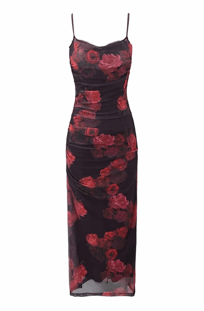 Vintage floral print mesh long dress