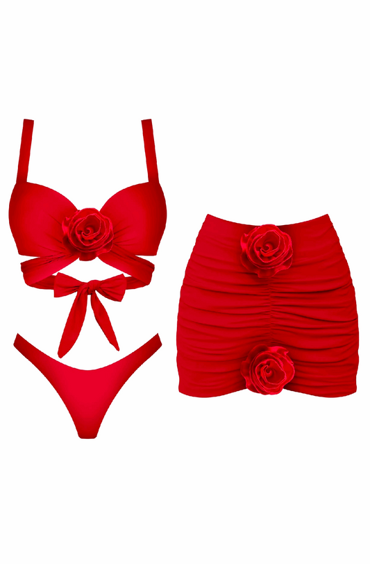 3D flower bikini and skirt matching set