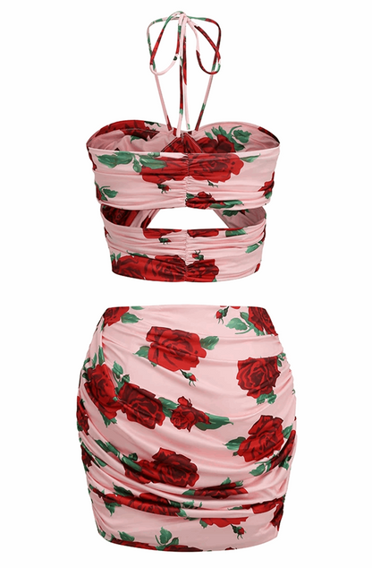 Roses printed crop top and skirt set