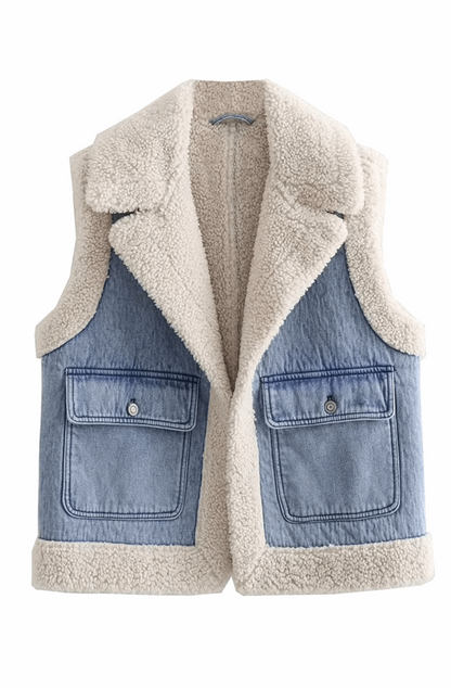 Turn down collar lamb denim vest jacket