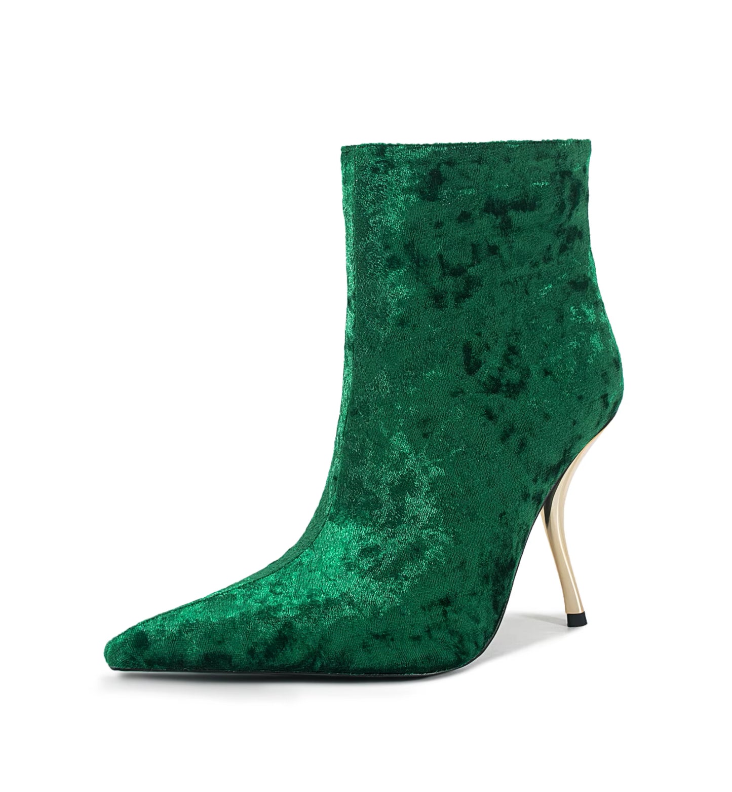 Green velvet ankle boot with a gold heel on a white background
