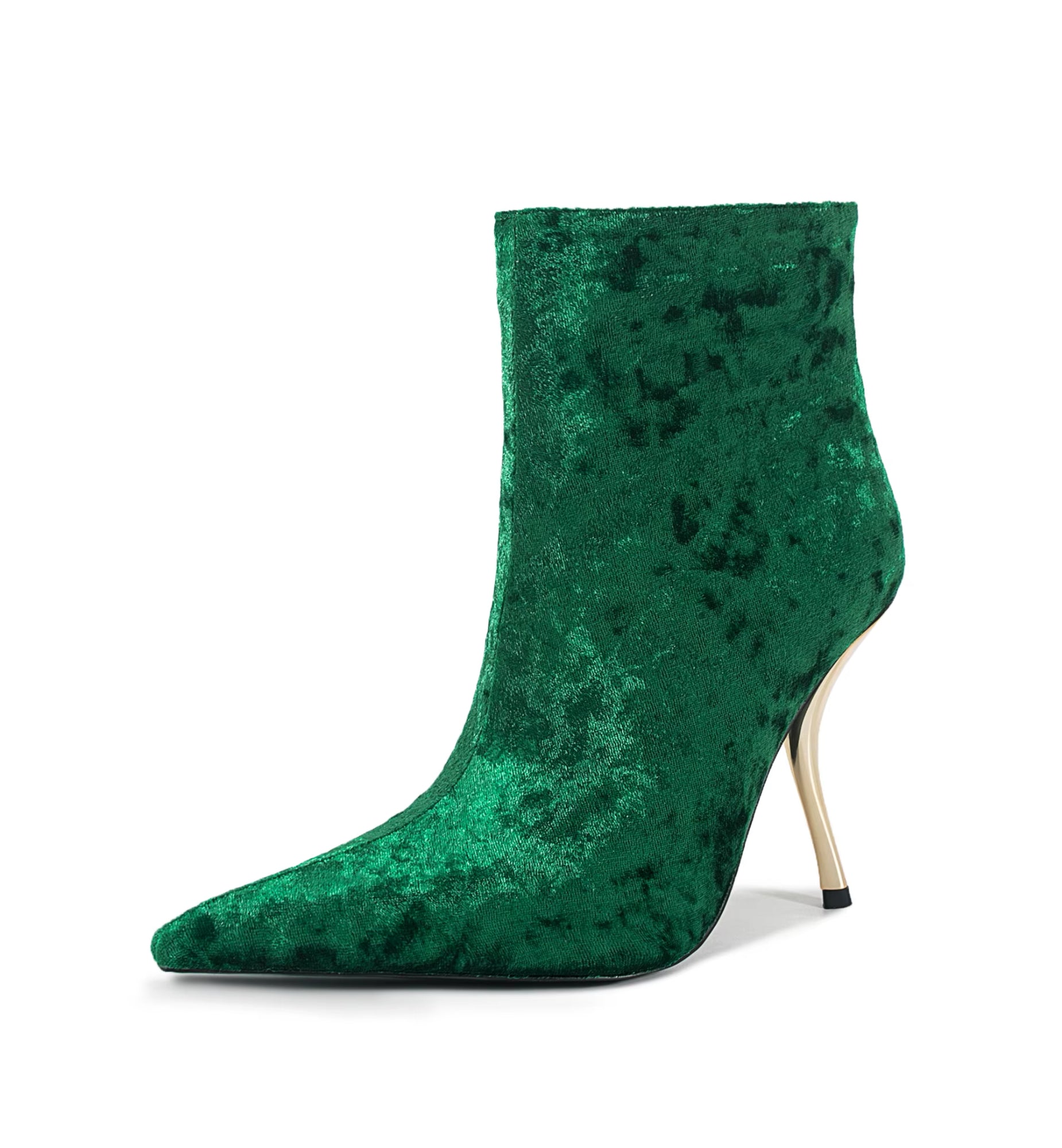 Green velvet ankle boot with a gold heel on a white background