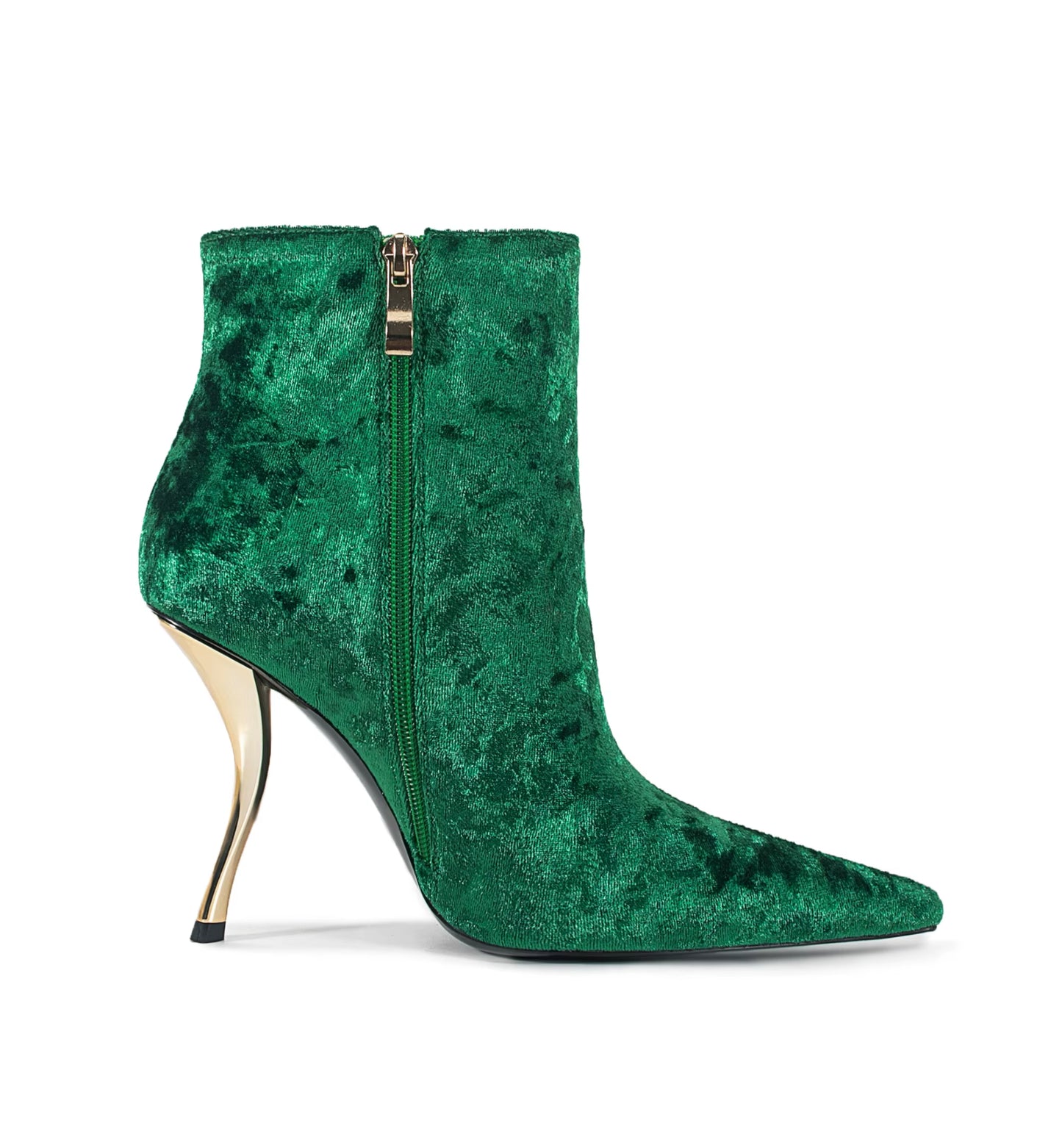 Green velvet ankle boot with a gold zipper on a white background