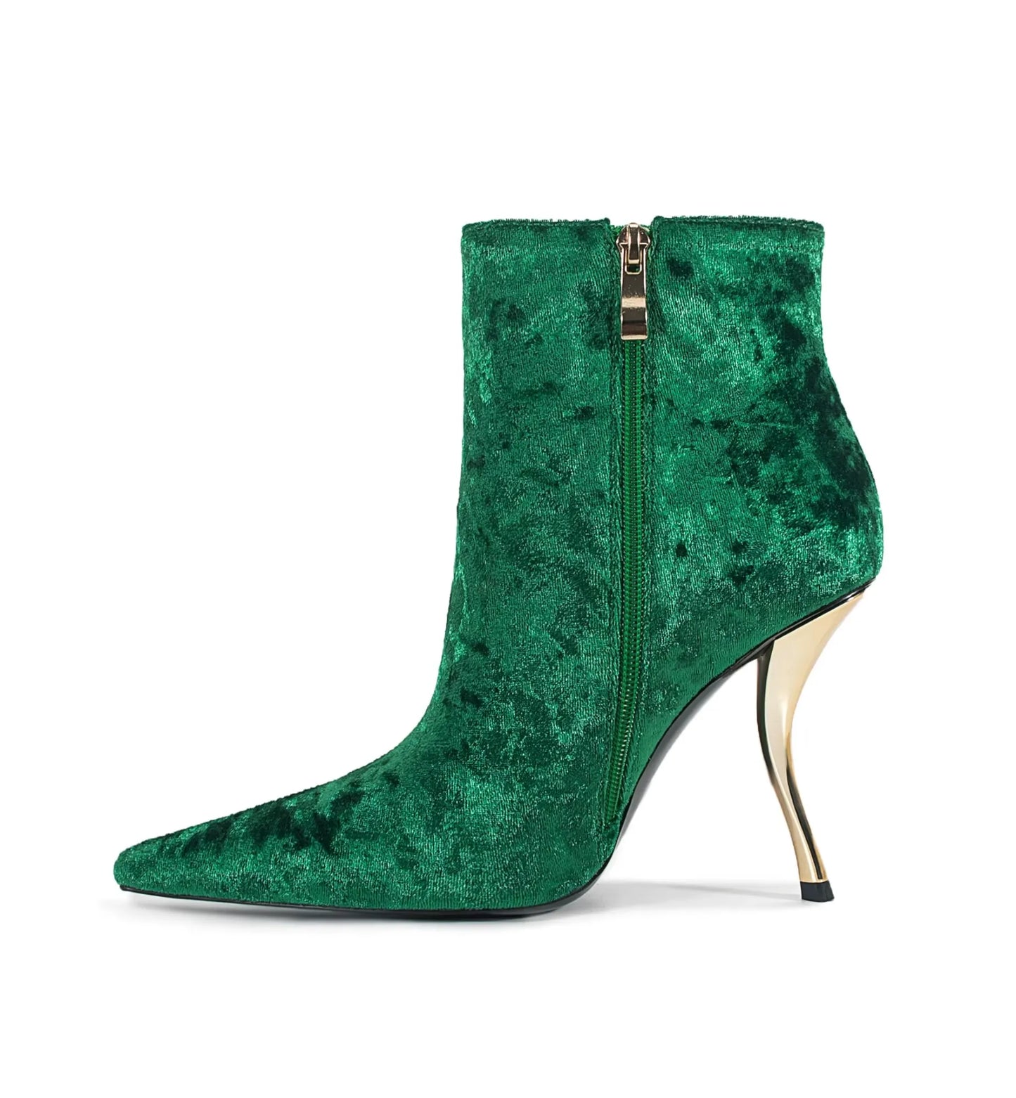 Green velvet ankle boot with a gold zipper on a white background