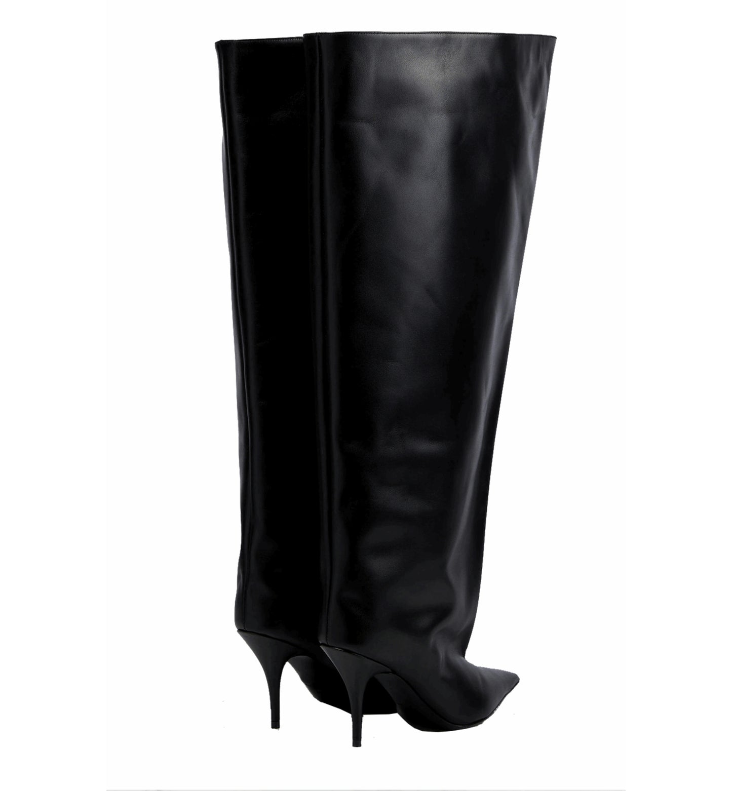 Black knee-high boots with high heels on a white background