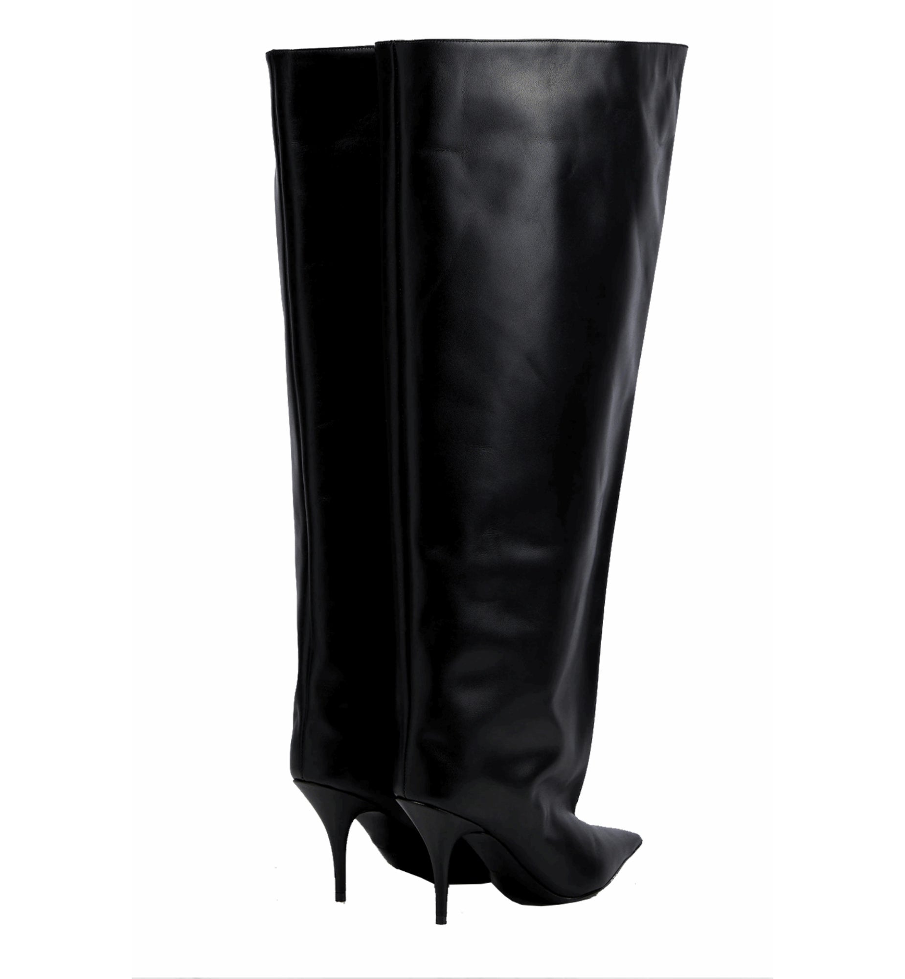 Black knee-high boots with high heels on a white background