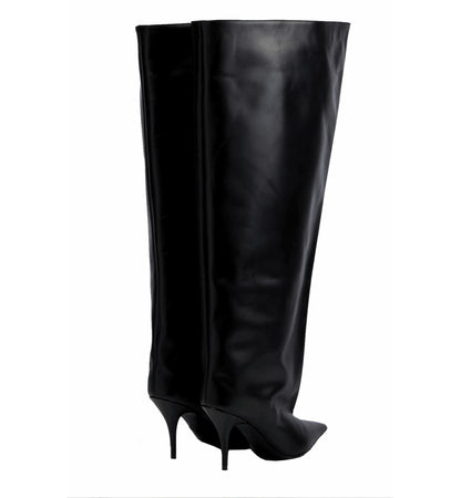 Black knee-high boots with high heels on a white background
