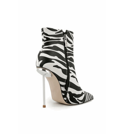 Zebra print high-heeled ankle boot on a white background