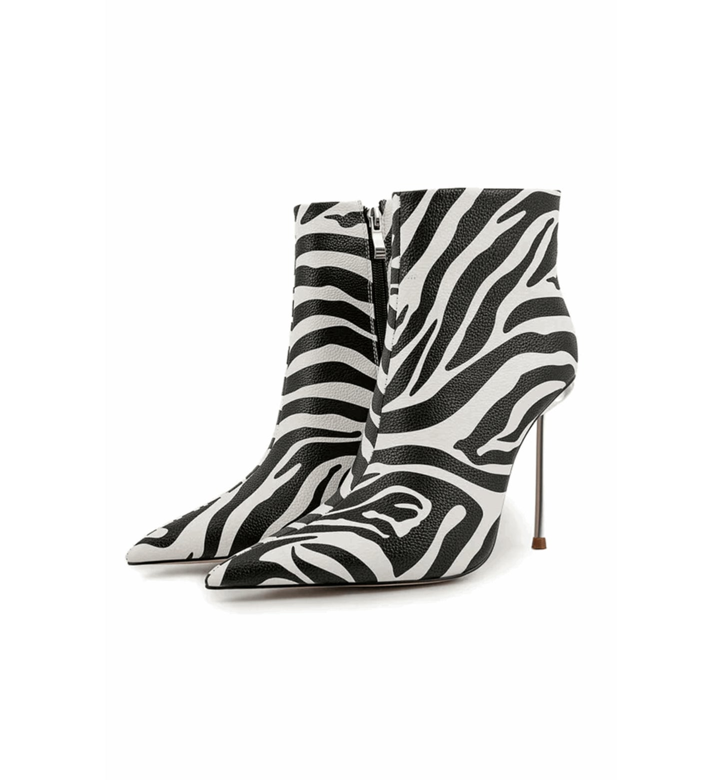 Zebra patterned high-heeled boots on a white background
