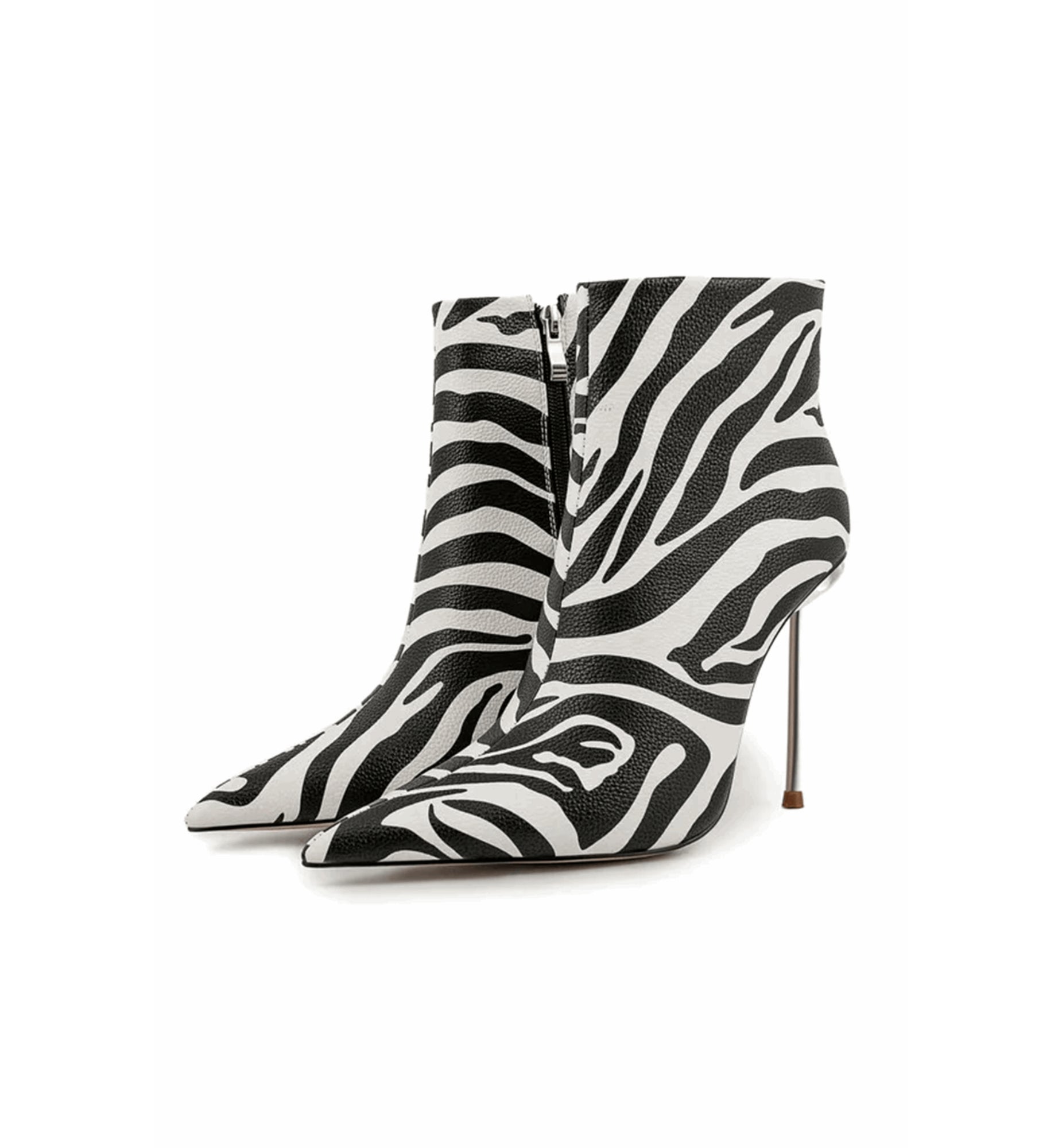 Zebra patterned high-heeled boots on a white background