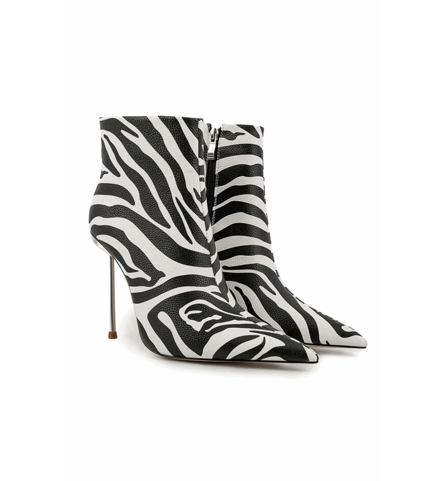 Zebra print high-heeled boots on a white background